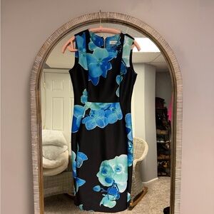 Calvin Klein Scuba Midi Dress with Blue Floral Print